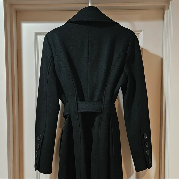 Guess Double Breast Wool Blend Coat Heavyweight Funnel Neck Belt Siz 6 Black EUC - Picture 10 of 15